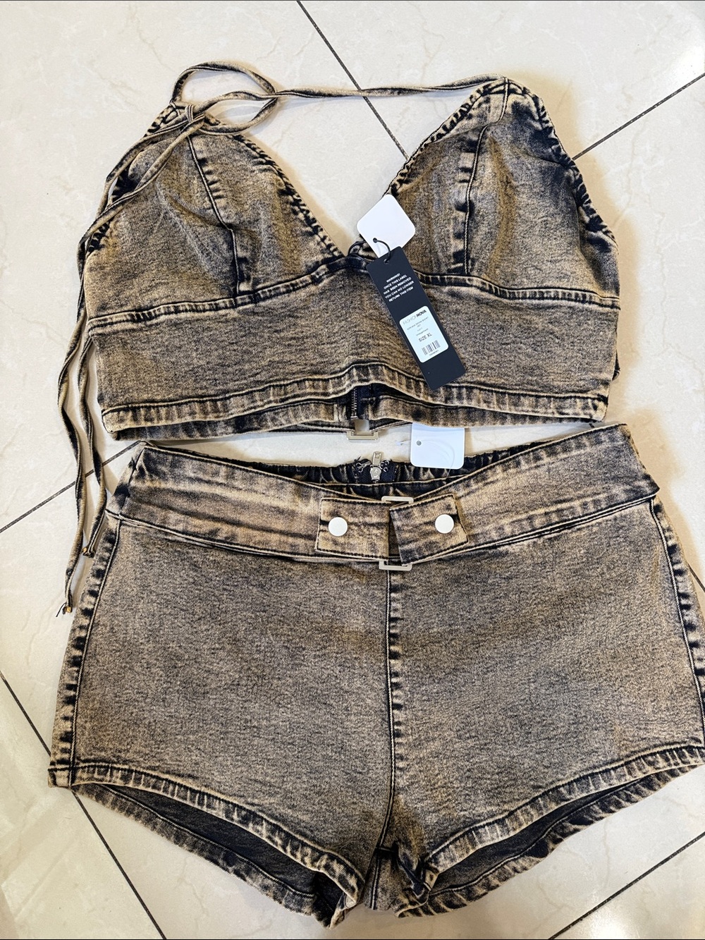Fashionova Washed Black Denim Bralette & High-Rise Shorts Set Size XL